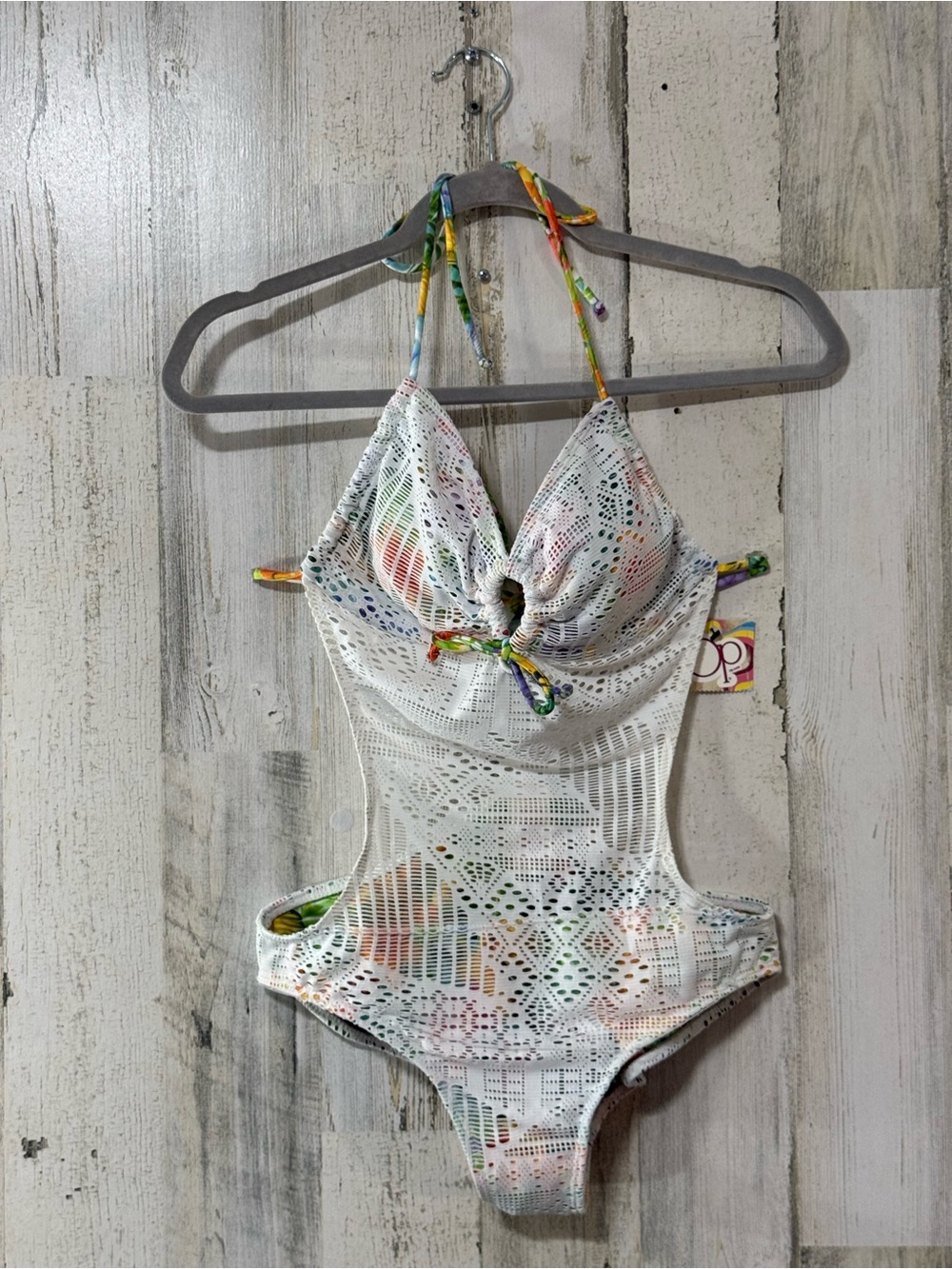 OP White Crochet-Style One-Piece Swimsuit with Multicolor Trim